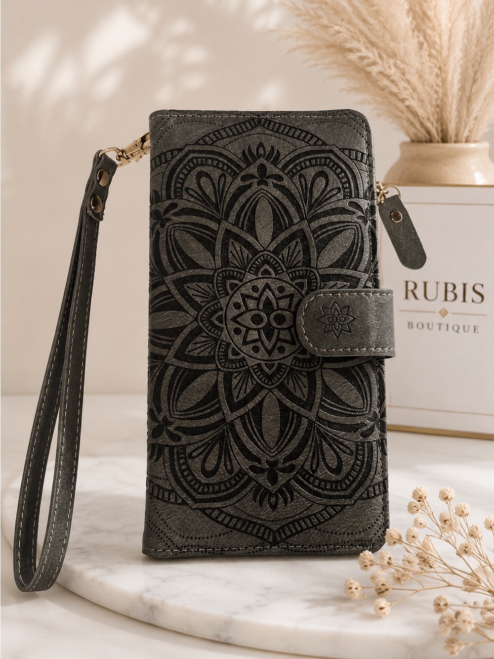 Embroidered Mandala Wristlet Wallet - Charcoal Gray